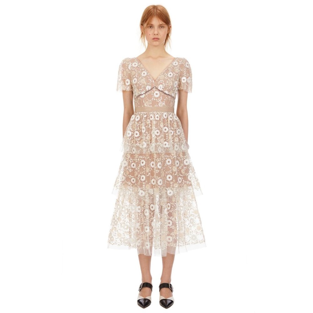 Self Portrait Flower Sequin Puff Sleeved Midi Dress 0